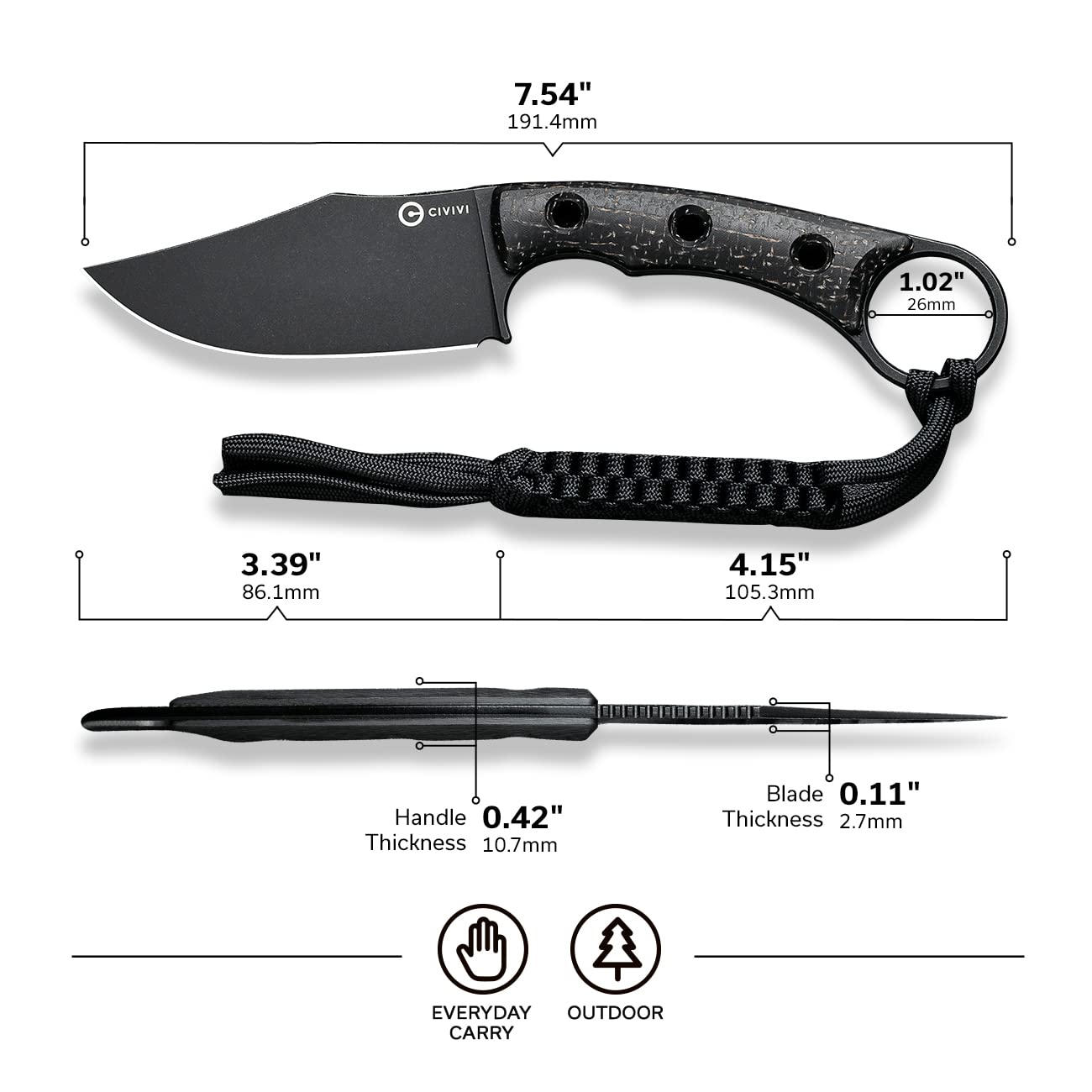 CIVIVI Midwatch Fixed Blade Knife, 3.39" Blade, with Kydex Sheath and Black Tied Paracord Lanyard C20059B - Image 6